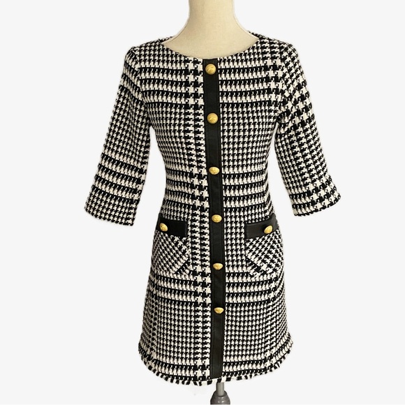 Imperial Midi Shift Dress Houndstooth Size XS Tweed Black White Lined Retro - Picture 1 of 12